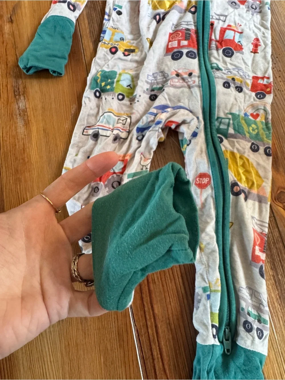 Little sleepies - 12-18 month - Footed Pajama - Teal Trim with Multicolor Trucks